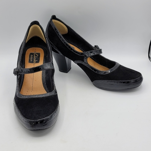 Clarks Artisan Diamond Shine Mary Jane Pumps Black Suede Patent 10" Footbed - Picture 15 of 15